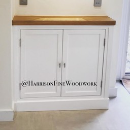 Double door meter cabinet white painted with oak top